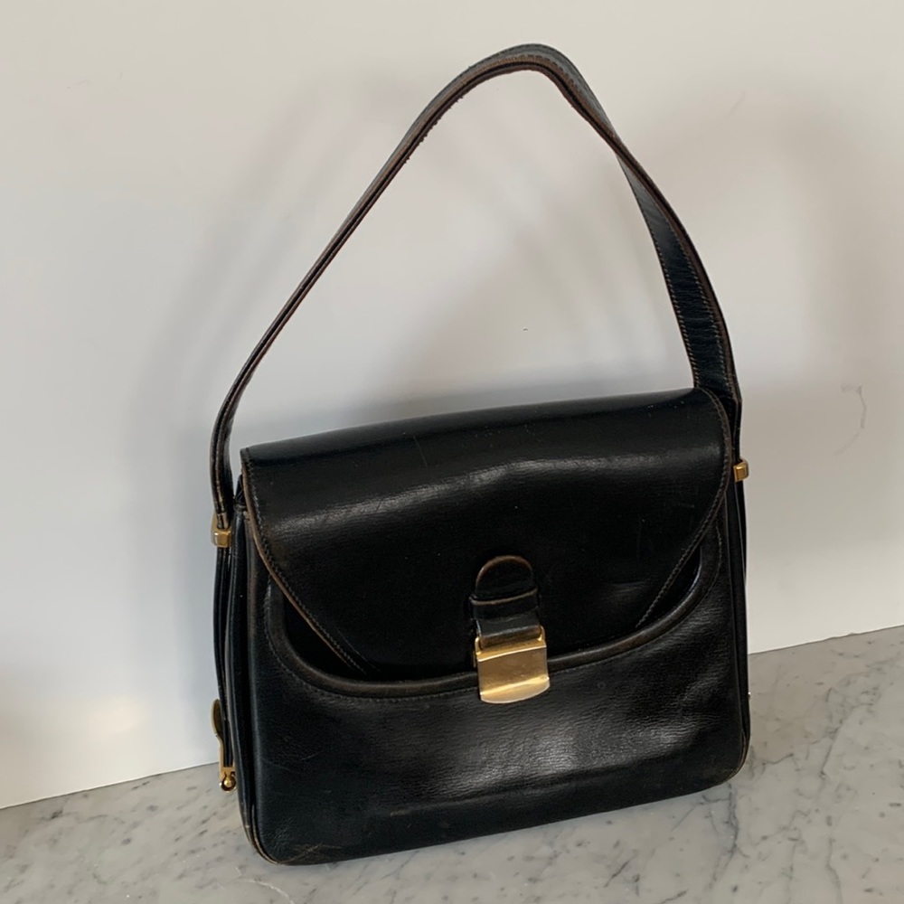 Vintage 1960s black leather Le Faune Florida purse adjustable strap 8x9x3